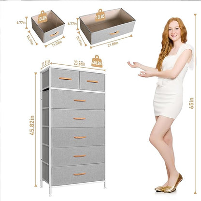 Mifuro Tall Dresser for Bedroom, Vertical Storage Organizer Tower with 7 Drawers, Chest of Drawers with Fabric Bins, Steel Frame, Wood Top for Bedroom, Closet, Entryway- Light Grey