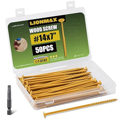 LIONMAX Deck Screws #14 x 7 Inch, 50 PCS, Long Wood Screw, Rust Resistant, Exterior Epoxy Coated for Outdoor Decking, Torx/Star Drive Head, T30 Star Bit Included