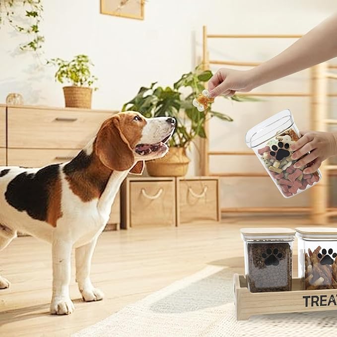 Geyecete dog treat container for Countertop pet treat container with 3 Jars dog treat jars For Puppy Airtight Wooden Dog Treat Storage With wood Lids