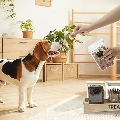 Geyecete dog treat container for Countertop pet treat container with 3 Jars dog treat jars For Puppy Airtight Wooden Dog Treat Storage With wood Lids