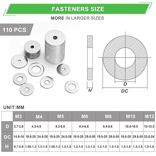 110 Pcs 304 Stainless Steel Metal Flat Washers for Screws and Bolts, Fender Washers Assortment Kit (12 Sizes M3-M12) for Automotive, Industrial & Home Use