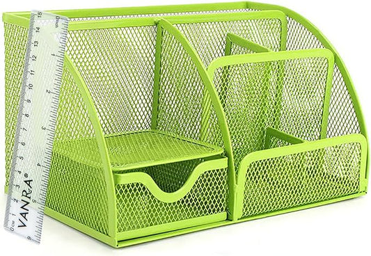 VANRA Office Supply Caddy Mesh Desk Organizer School Supply Holder 6 Compartments with Drawer (Green)