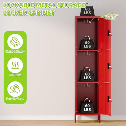 Metal Locker with Hooks and Ventilation Holes,Metal Storage Locker with Keys and Business Card Slot for Home,Gym,Garage,School,Office,66" H x 15.75" W x 15.75" D,Assembly Required,Red