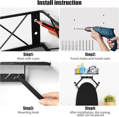 Ironing Board Hanger Wall Mount, Ironing Board Holder, Laundry Room Decor Organization and Storage with Large Storage Grid Base Basket and Removable Hooks(T&V Shaped) for Laundry/Living Room/Bathroom