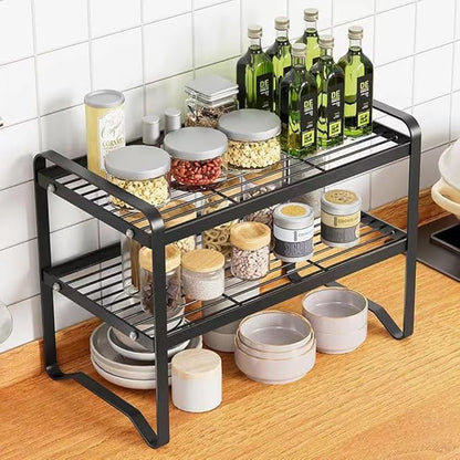 Hbluefat Metal Desktop Shelf Organizer, Small Desk Bookshelf for Home Office, Table Top Storage Shelf, Multipurpose Metal Desk Organizer for Books, Office Supplies, Home Decor (Black, 2 Tier)