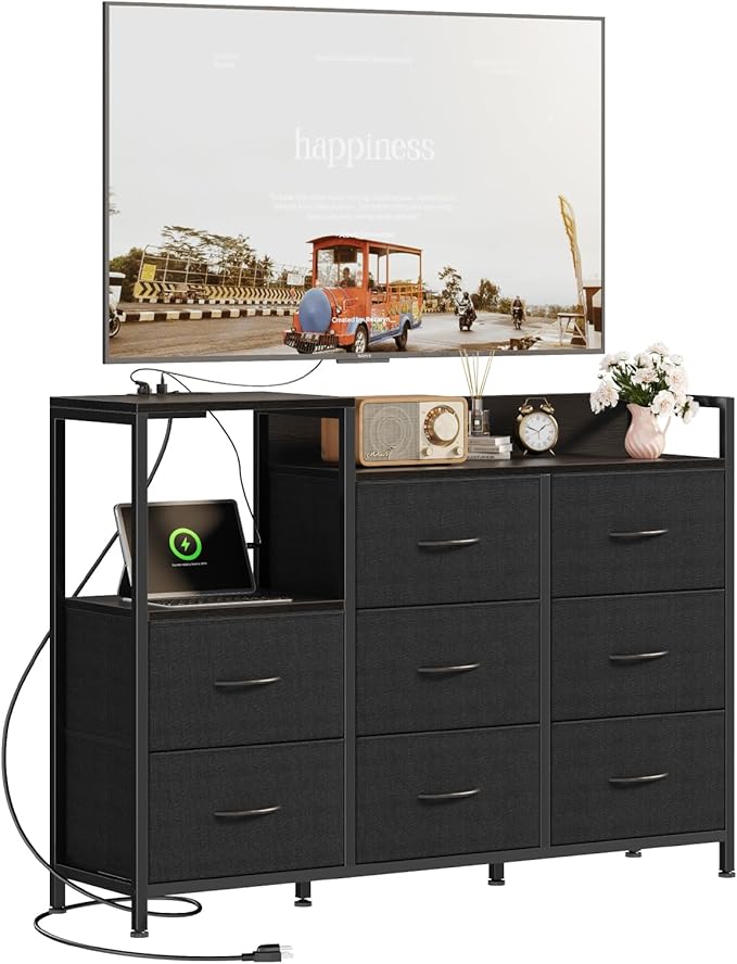 DUMOS TV Stand Dresser with 8 Fabric Drawers & Open Shelves, TV Stand for Up to 45 inch TV with Wooden Top, Entertainment Center with Charging Station for Living Room, Hallway, Black