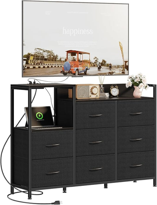DUMOS TV Stand Dresser with 8 Fabric Drawers & Open Shelves, TV Stand for Up to 45 inch TV with Wooden Top, Entertainment Center with Charging Station for Living Room, Hallway, Black