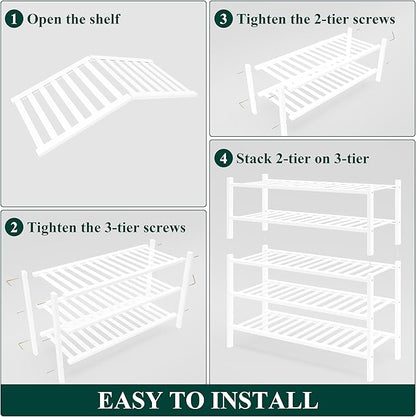 Smiry Bamboo Shoe Rack for Closet, 5 Tier Wooden Stackable Shoe Organizer, Free Standing Shoes Storage Shelf for Entryway, Front Door Entrance, White