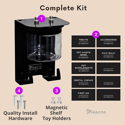 Dog Treat Holder For Wall Storage For Pets, Premium Pet Wall Organizer, Includes One 16oz Airtight Dog Treat Jar, 2 Sets of Triple Hooks, Sturdy Shelf in Modern Black