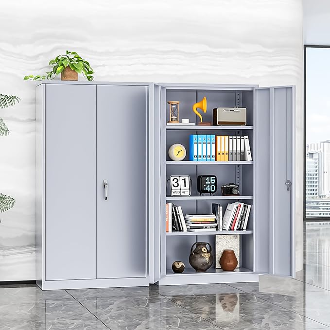 INTERGREAT Metal Storage Cabinet with Doors, 72" Locking Steel Storage Cabinet with Shelves, Tall Metal Cabinet Lockable Steel Cabinets for Home Office, Garage,(Cement)