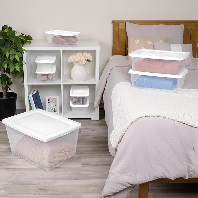 Sterilite 48 Pack Storage Box, 12 Quart Stackable Tote, Clear Plastic Container with Secure Snapping Lids for Home and Office Organization, White