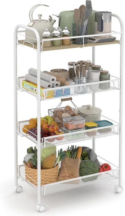 Sekey 4 Tier Rolling Cart Metal, Slim Storage Cart for Kitchen, Mobile Utility Cart with Wooden Top, Narrow Organizers and Storage with Universal Wheels, for Small Space, Bathroom, Laundry Room, White