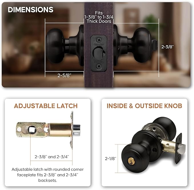 Copper Creek Colonial Entry Door Knob – Keyed Entry Handle with Lock and Key, ANSI Grade-3 Certified, DIY-Friendly Install for Interior and Exterior Entrance Doors – Matte Black (1 Pack)