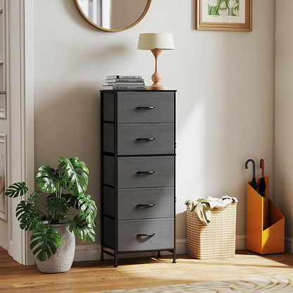 Sweetcrispy 5 Drawer Dresser with Fabric Bins, Sturdy Steel Frame and Wood Top, Storage Organizer Chest for Bedroom, Closet, Hallway, Gray
