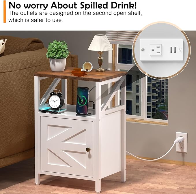 Farmhouse Side Table with Charging Station -3-Tier USB Ports & Outlets End Table, Compact Bedside Storage Table for Small Spaces, Multi-Functional Accent Table for Bedroom, Living Room, Couch Entryway