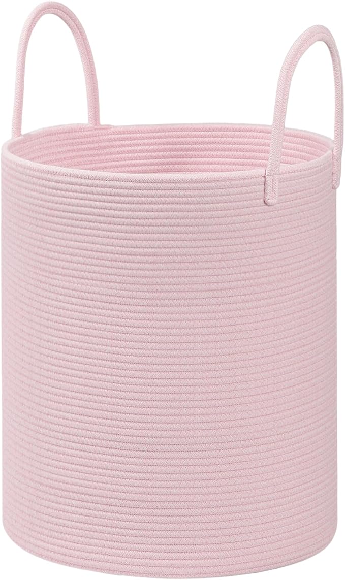 Cotton Rope Storage Basket with Handles, Pink, Large Capacity Laundry Hamper and Laundry Basket for Clothes, 15x18 Inches, Nursery Organizer