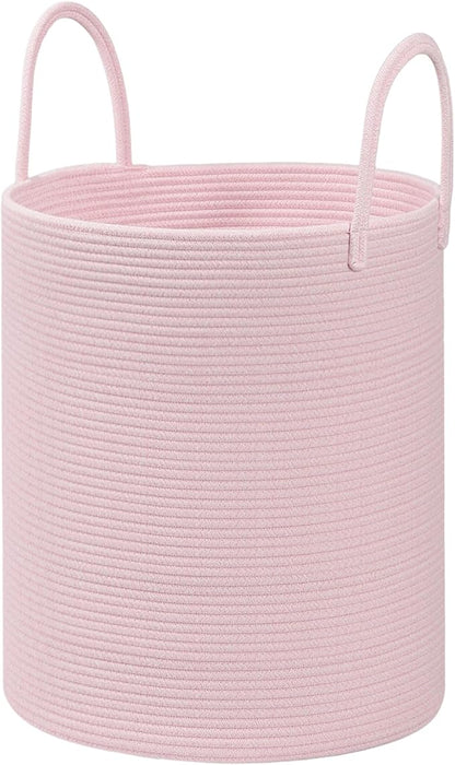 Cotton Rope Storage Basket with Handles, Pink, Large Capacity Laundry Hamper and Laundry Basket for Clothes, 15x18 Inches, Nursery Organizer