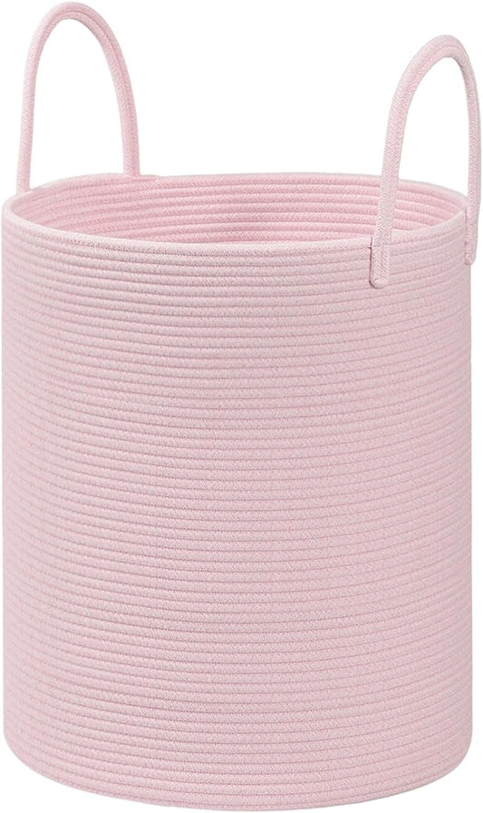 Cotton Rope Storage Basket with Handles, Pink, Large Capacity Laundry Hamper and Laundry Basket for Clothes, 15x18 Inches, Nursery Organizer