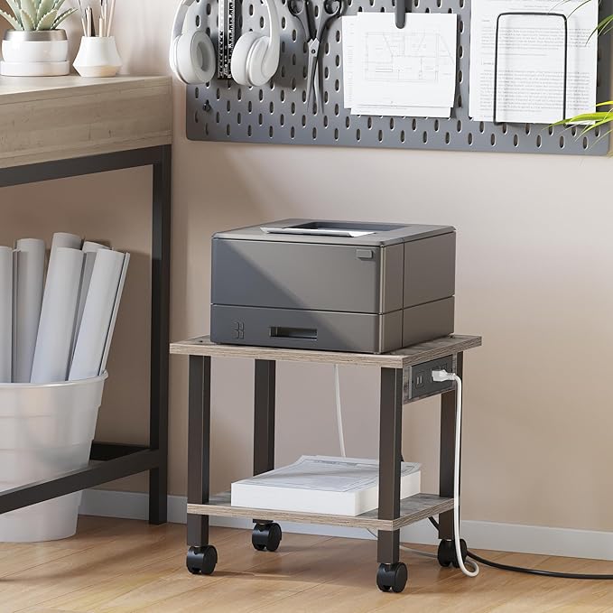 TUTOTAK 2 Tier Printer Stand, Rolling Printer Cart with Power Outlets and USB Ports, Mobile Printer Table with Wheels, for Under Desk, Office, Home, Greige PS01BG001