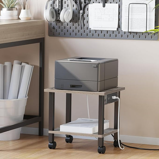 TUTOTAK 2 Tier Printer Stand, Rolling Printer Cart with Power Outlets and USB Ports, Mobile Printer Table with Wheels, for Under Desk, Office, Home, Greige PS01BG001