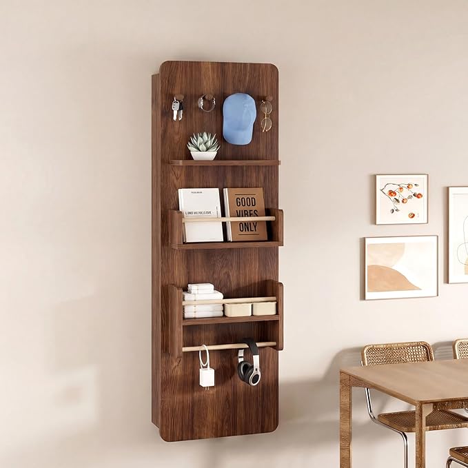 Wall Mounted Ironing Board Cabinet with Storage, Foldable Wall Ironing Board with Sliding Door, Wall Mount Space Saving Ironing Station for Laundry Room, Living Room, Entrance (Walnut)