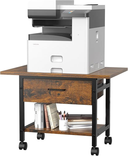 Aetheris Heavy-Duty Printer Stand with Locking Wheels, 2 -Tier Under Desk Table with Storage Drawer, Large Rolling Cart, Printer Table, Fits Printer Scanner Fax Machine, 22" x 15" x 18.3", Brown