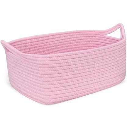 ABenkle Small Storage Basket with Handles, Cotton Rope Woven Dog Cat Toy Bin, Decorative Shelves Closet Organizing for Nursery Laundry Bedroom Bathroom, 14.2''x 11''x 5.1''