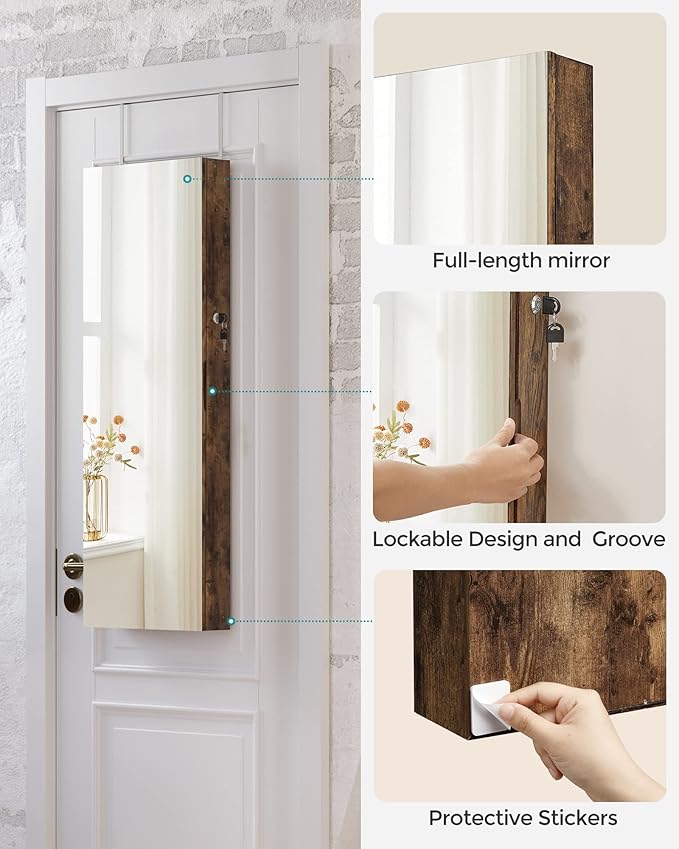 SONGMICS Jewelry Cabinet Armoire, Wall or Door Mount Storage Organizer with Full-Length Mirror, Lockable Cabinet with Built-in Small Mirror, Shelves, Gift Idea, Rustic Brown UJJC003X01