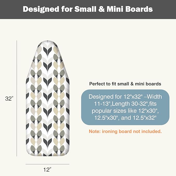Small Ironing Board Cover and Pad 12"x32" Small Iron Board Cover with Padding,Tabletop Mini Ironing Board Cover and Pad Small Size, Cotton Canvas, Heat Resistant, Drawstring Closure Foliage