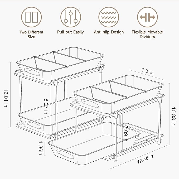 Under Sink Organizer, Bathroom Organizers and Storage, 2 Tier Multi-Use Pull Out Cabinet Organizer with Hang Hooks and Cups (transparent, 2 Pack)