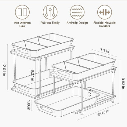 Under Sink Organizer, Bathroom Organizers and Storage, 2 Tier Multi-Use Pull Out Cabinet Organizer with Hang Hooks and Cups (transparent, 2 Pack)