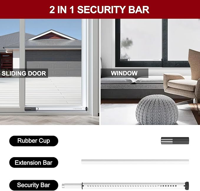 AceMining Sliding Door Security Bar,Heavy Duty Sliding Patio Door Lock Bar, 20-50inch Adjustable Multi-use Window Security Bars, Sliding Door Stopper,White,2Pack