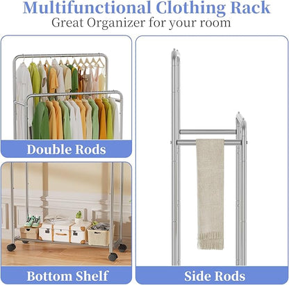 Simple Trending Clothing Clothes Rack Double Rods with Wheels, Rolling Metal Garment Rack for Hanging, Silver