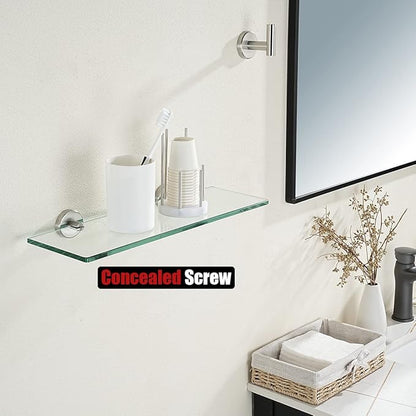 JQK Bathroom Glass Shelf, Tempered Glass Shower Storage 14 by 5 inches, 304 Stainless Steel Brushed Finish Wall Mount, TGS101L14-BN