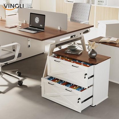 VINGLI 2 Drawer File Cabinet with Lock, Home Office Filing Organizer, for Letter Legal A4 Size File Folder Storage, Modern Farmhouse, Wood Lateral Filing Cabinet, Archivador (Rustic White & Brown)