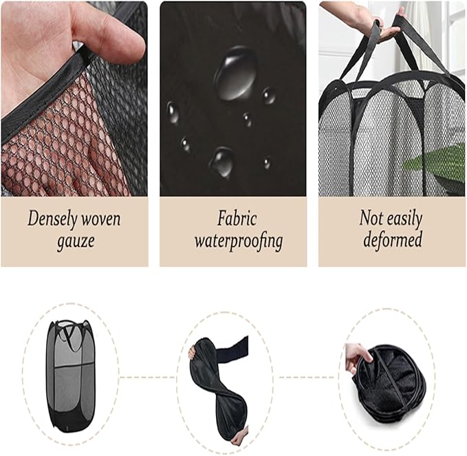 The upgraded pop-up laundry basket features a breathable side pocket mesh design, making it ideal for rooms, apartments, dormitories, travel, business trips, and children's storage(2, Black)