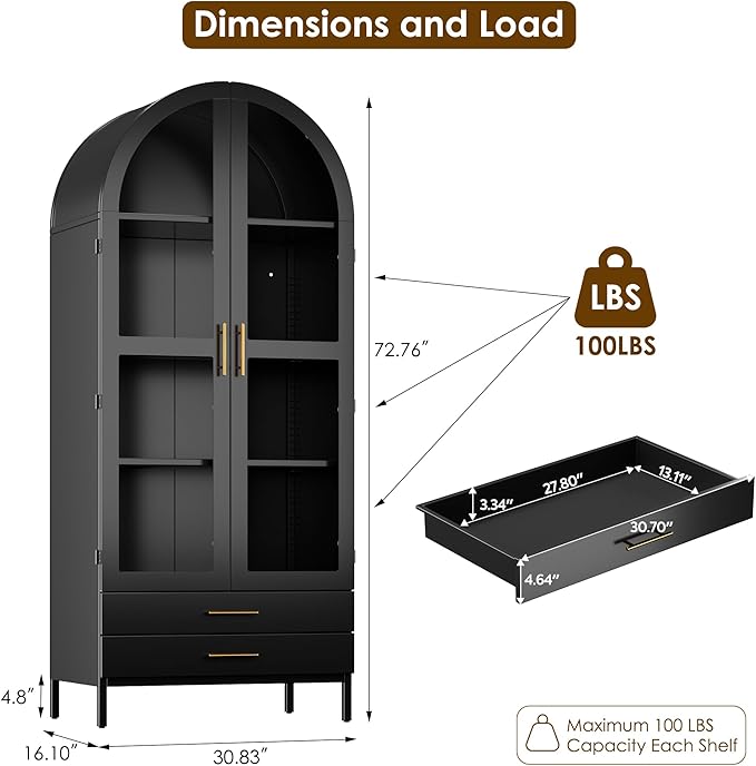Metal Arched Pantry Cabinet with 2 Drawers,Black Arched Cabinet with Glass Door for Kitchen Home, Assemble Required,Black,72.76"×30.83" W×16.10" D