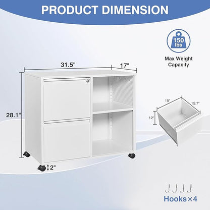 Metal 2 Drawer File Cabinet with Side Hook, Lockable Lateral Filing Cabinet for Letter/A4/Legal Size Files,Rolling Printer Stand with Adjustable Shelf & Lockable Wheelss for Home Office(White)