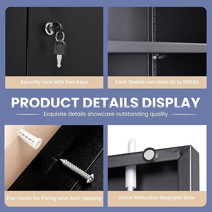 Metal Storage Cabinet, Garage Storage Cabinet with Locking Doors and Adjustable Shelves for Garage,Home,Office and School (Assembly Required，Black)
