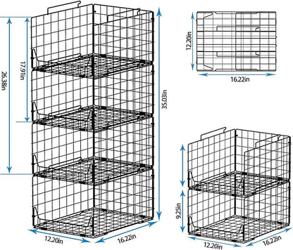 Stackable Closet Organizers and Storage Bins 4 Pack, Sturdy Metal Clothes Storage Container for Clothes Pants Sweaters, Black Folded Drawer Shelf Organizer for Closet Wardrobe