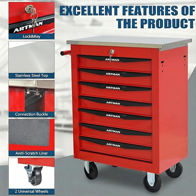 7-Drawer Rolling Tool Chest with Stainless Steel Countertop,Tool Chest with Secure Locking System,Mobile Storage Tool Cabinet with 360°Wheels and Padded Feet,for Home,Garage (Red)