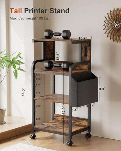 Tall Printer Stand with Storage Adjustable Shelf and Bag, 4-Tier Large Printer Table with Charging Station for Home Office, Printers Cart with Wheels for 3D Shredder Scanner Fax (Retro Brown)