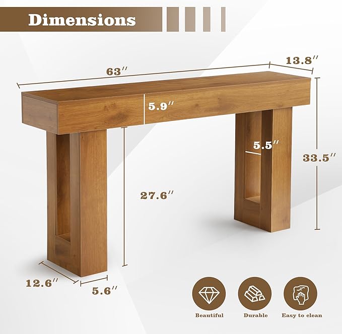 Depeht 63" Long Entryway Console Table, Wooden Farmhouse Sofa Behind Couch Table with Thickened Base, Large Industrial Hallway Accent Furniture for Living Room, Entrance, Foyer, Hallway (Natural)