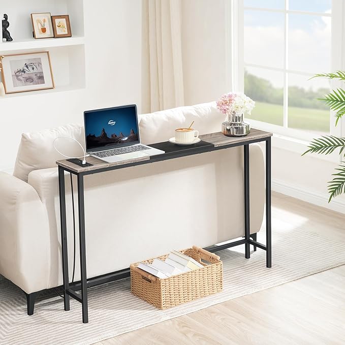 HOOBRO Narrow Console Table with Power Outlets, 44.9 Inches Sofa Table, Slim Behind Couch Table, Entryway Table with Display Shelf, for Living Room, Foyer, Hallway, Greige and Black BG114UXG01