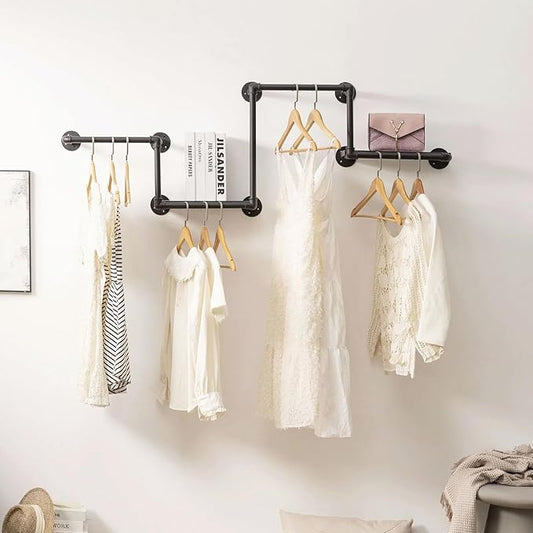 Industrial Pipe Clothing Rack with 2 Floating Shelves, 4 Hanging Rods Wall Mounted Garment Rack, Heavy Duty Iron Clothes Bar, Space-Saving Clothing Hanging Rails for Closet (4 hanging rods 2 shelves)