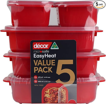 Décor Microwave Food Containers Set | 5 Pack - 2 x 375ml, 3 x 900ml | Steam Release Vent | Dishwasher & Freezer Safe | Red