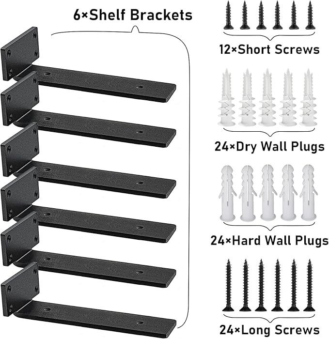 Shelf Brackets Heavy Duty, 5mm Thick Rustic Shelf Brackets for Custom Wood Shelves, 12 Inch Solid Steel Black Shelf Brackets with Hardware Needed (6Pcs)