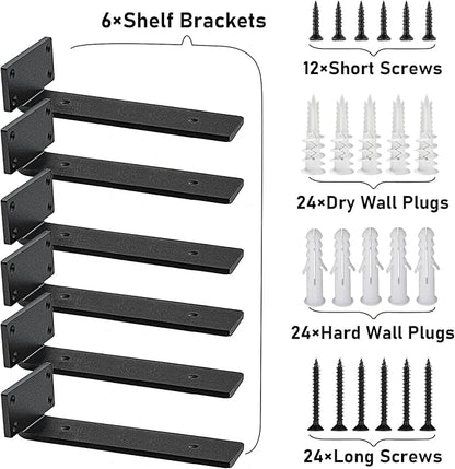 Shelf Brackets Heavy Duty, 5mm Thick Rustic Shelf Brackets for Custom Wood Shelves, 12 Inch Solid Steel Black Shelf Brackets with Hardware Needed (6Pcs)