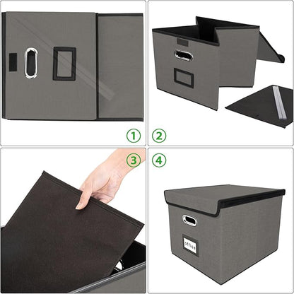 Huolewa File Organizer Box with Lid, Collapsible File Folder Organizer for Office Document Storage, Filing Box with Plastic Slide for Letter Size Hanging File Folders(1 Pack, Smoky Grey)