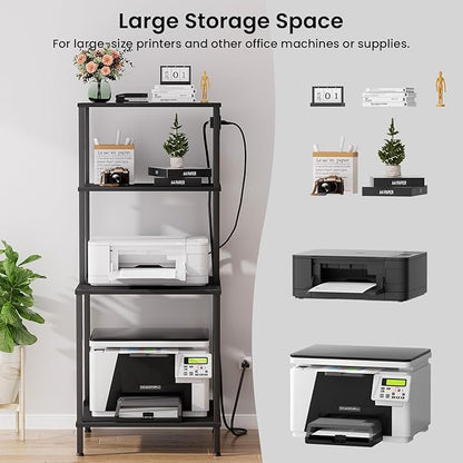 Printer Stand with Charging Station, 49"Tall 4-Tier Printer Stand with Storage, Large Printer Table for Home Office, Kitchen, Living Room, PrinterCart Beside Desk for Printer, Scanner (Black )